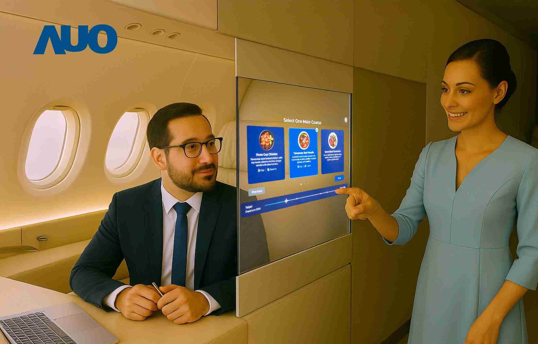 尊龙z6研发全球最薄17.3 吋双面透明 Micro LED 显示器，，，，可在同一屏幕之双边投射不同信息，，，创造独特的”透明化”互动；图为实时翻译交流应用情境